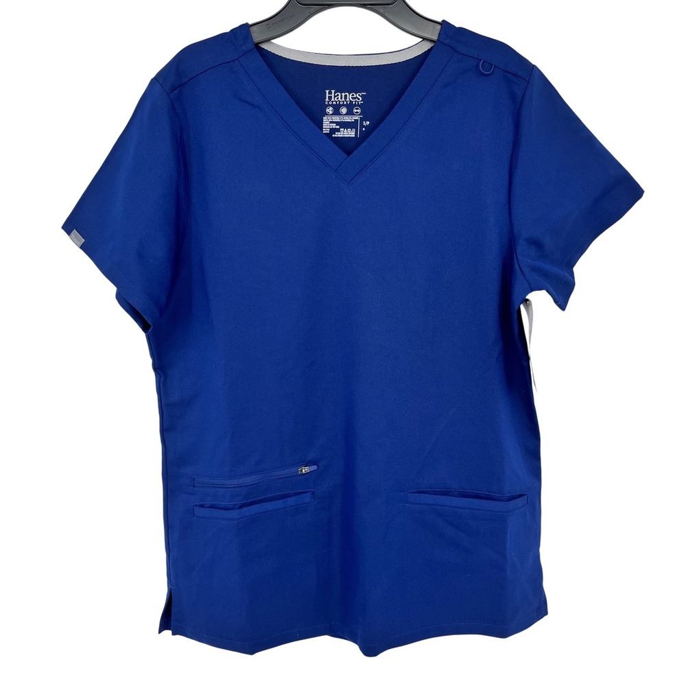 Hanes Premium Scrub Top‎ Women Small Royal Blue V-Neck Cool Comfort Stretch
